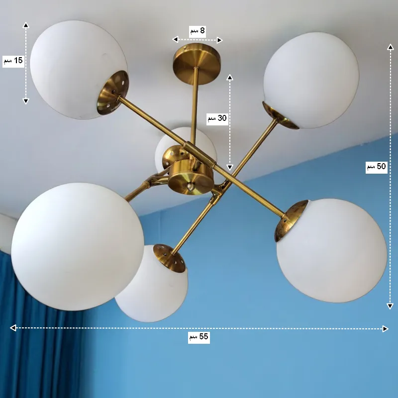 نجفة معدنية كلوبات كروية 6 ذراع بتصميم عصري موديل 028964 صورة توضيحية لأبعاد النجفة القياسية. تتضمن عرض= 55 سم، ارتفاع= 50 سم، وقطر الكرة الزجاجية= 15 سم، قطر الطبق العلوى= 8 سم.