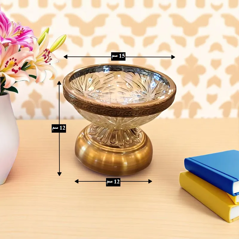 طبق مكسرات كريستال فاخر بقاعدة معدنية أنيقة، قطر 15 سم، موديل 028897 رسم توضيحي لأبعاد وعاء المكسرات الكريستالي: العرض 15 سم، الارتفاع 12 سم، قطر القاعدة 12 سم