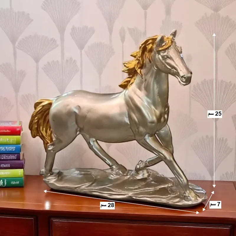 الحصان العربي الفضي الذهبي، تحفة فنية عصرية لديكور منزلك، موديل 029874 مخطط أبعاد تمثال الحصان العربي الفضي المصنوع من البوليسترين: الارتفاع= 25 سم، العرض= 28 سم، العمق= 7 سم.