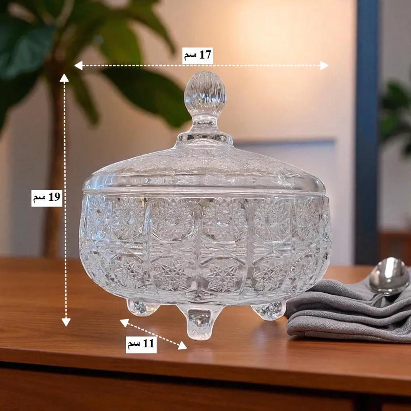 إخوان سرور الإضاءة الحديثة والديكور أبعاد بونبونيرة كريستال فاخرة بتصميم بوهيمي: الارتفاع الكامل (مع الغطاء): 19 سم، القطر: 17 سم، عرض القاعدة: 11 سم.