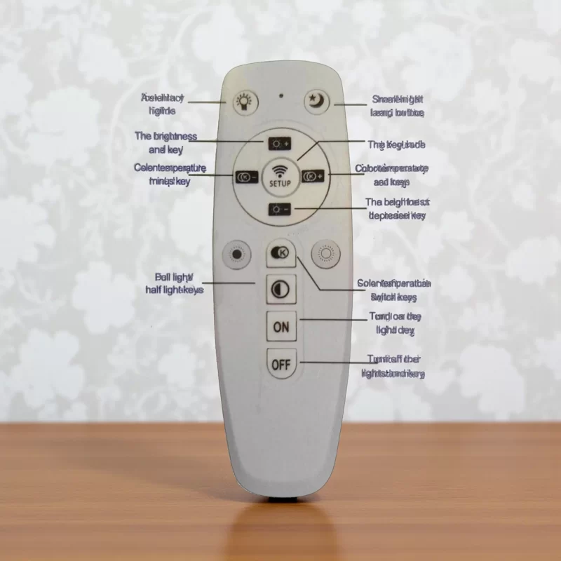 إخوان سرور الإضاءة الحديثة والديكور صورة لجهاز الريموت كنترول الخاص بالنجفة الليد موديل 030082، مع توضيح أزرار التحكم في الإضاءة والتعتيم والألوان