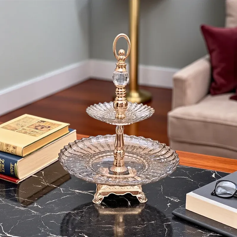 إخوان سرور الإضاءة الحديثة والديكور شيالة تقديم كريستال ذهبية طابقين للحلويات، فخمة وديكورية