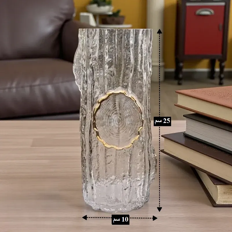 فازة زجاجية فاخرة بتصميم جذع شجرة مع لمسة ذهبية عصرية، موديل 028905 مقاسات فازة الزجاج الذهبية: ارتفاع 25 سم وعرض 10 سم