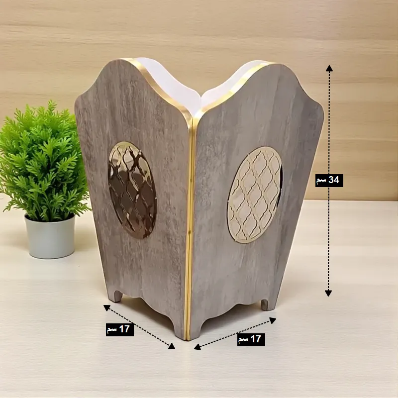 طقم سلة مهملات وعلبة مناديل فاخر بتصميم عصري، (رخامي ورمادي مع إطار ذهبي)، موديل 030337 صورة أبعاد السلة: ارتفاع 34 سم وقاعدة مربعة 17*17 سم