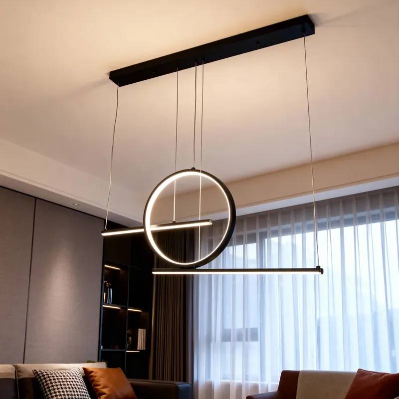 معلقة ليد عصرية أسود - تصميم فني خطين وحلقة، إضاءة بيضاء هادئة، موديل 026528 إضاءة معلقة ليد بني، هندسية بتصميم خطين وحلقة لغرفة المعيشة المودرن