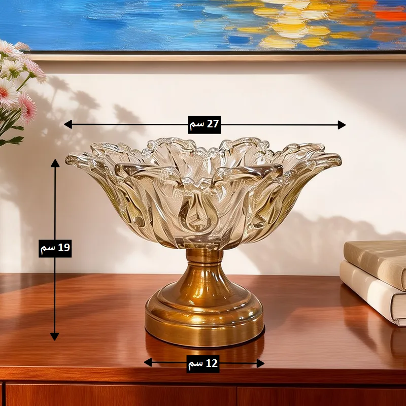 صورة توضيحية للأبعاد (27 سم قطر، 19 سم ارتفاع، 12 سم قاعدة) لوعاء فاكهة زجاجي كريستال بقاعدة ذهبية